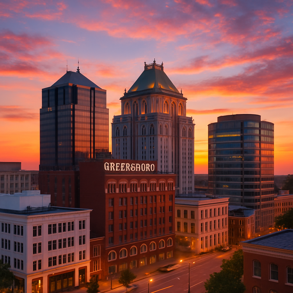 Skyline of Greensboro, North Carolina at sunset