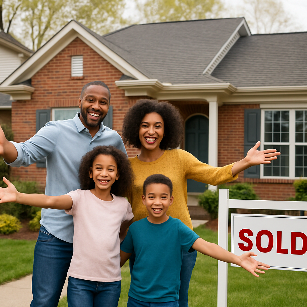 Happy family in front of a newly purchased home in the Triad region